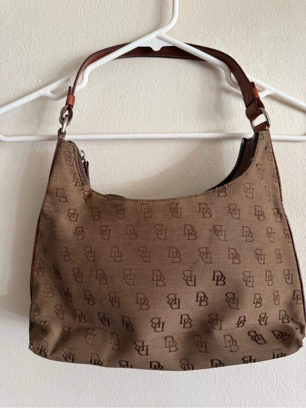 Vintage Dooney & Bourke Brown Logo-Print Hobo with Leather Trim
